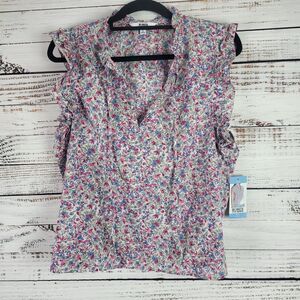 BB Dakota Steve Madden Blouse L Womens V Neck Cap Sleeve Multicolor Floral NWT